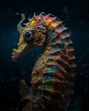 Detailed head of a seahorse underwater, deep sea creature, sea horse