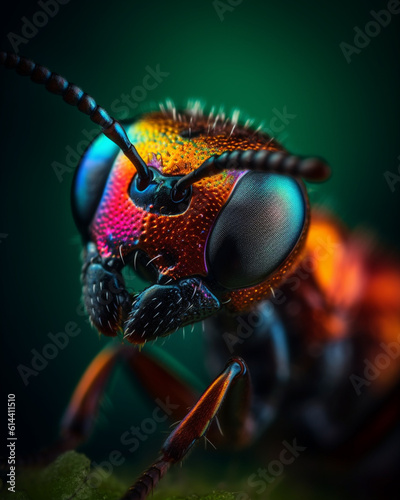 Close-up of an ant head in beautiful iridescent rainbow colors, compound eyes, hyper detailed insect eyes, nature, wildlife