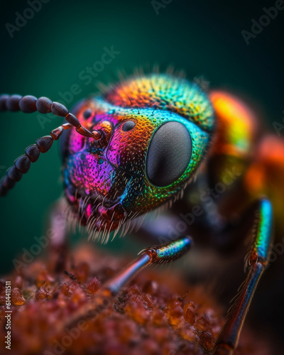 Close-up of an ant head in beautiful iridescent rainbow colors, compound eyes, tiny hairs, insect eyes, nature, wildlife, bug head © Arca Crobatia