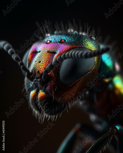 Close-up of an ant head in beautiful iridescent rainbow colors, compound eyes, insect eyes, nature, wildlife © Arca Crobatia