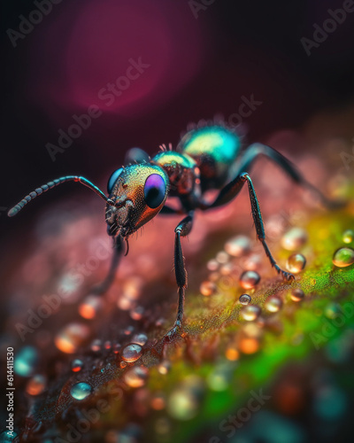 Ant on a leaf with dew drops, close-up in iridescent rainbow colors, detailed insect, wildlife, formicidae, beautiful ant, water drops