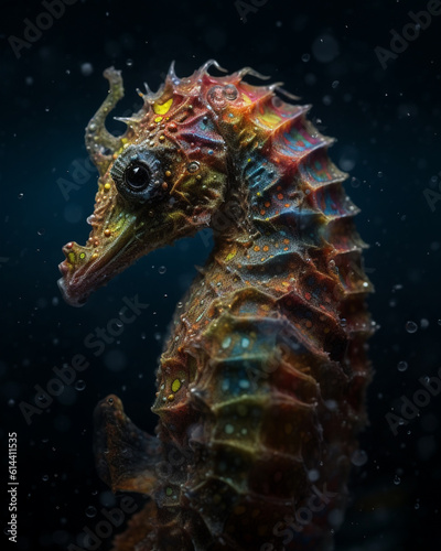 Detailed head of a seahorse underwater, deep sea creature, sea horse
