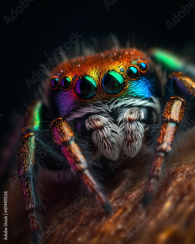 Tarantula in iridescent rainbow colors, close-up insect, arachnid, big spider, multiple eyes