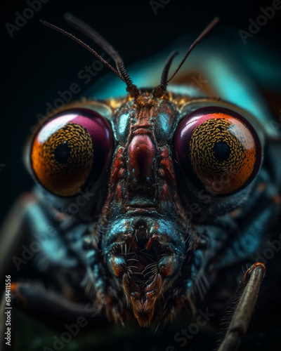 Detailed insect eyes, compound eye, bug eyes, fly cricket moth rainbow colors, iridescence, black background, close-up arthropods © Arca Crobatia