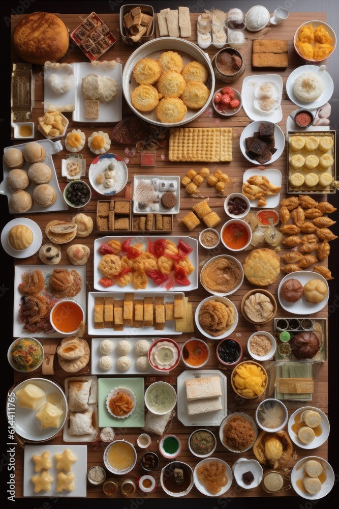 Top view of Chinese traditional food and drink on the wooden table. generative ai
