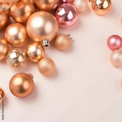 Gold christmas baubles on beige background with copy space. generative ai