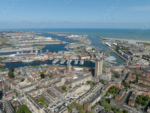 Aerial drone photo of the port and center of Dunkirk  city in the north of France .