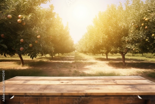 wooden table on the background of the apricot garden. Empty wooden table with free space over trees. For product display montage. generative ai. © robertuzhbt89
