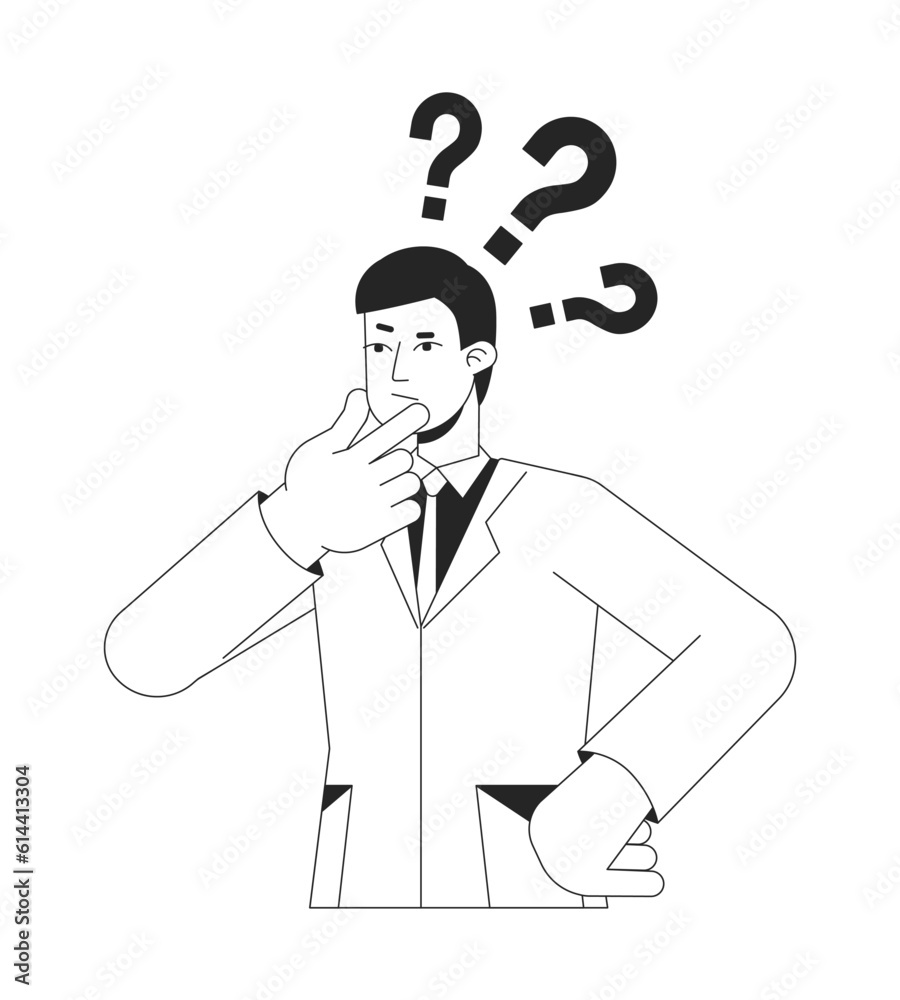 White collar worker brainstorming bw concept vector spot illustration. Office man 2D cartoon flat line monochromatic character for web UI design. Strategy editable isolated outline hero image White collar worker brainstorming bw concept vector spot illustration. Office man 2D cartoon flat line monochromatic character for web UI design. Strategy editable isolated outline hero image