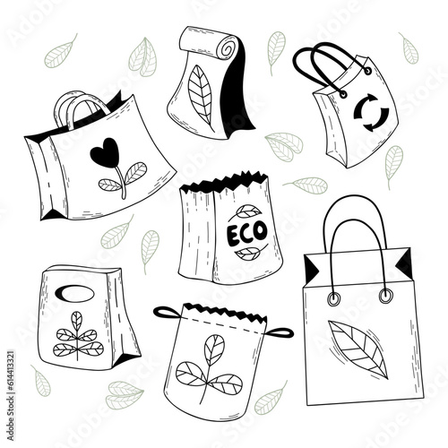 Collection eco-friendly bags. Paper packages for groceries. Hand drawn doodle. Vector illustration. Isolated eco bags for design.