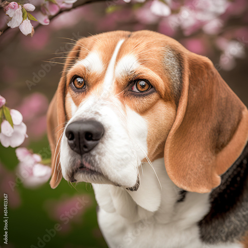 Cute beagle dog as domestic pet portrait in ravishing realistic detailed on outdoor background lush with nature and warmth lighting during springtime and blooming with colorful flower by Generative AI