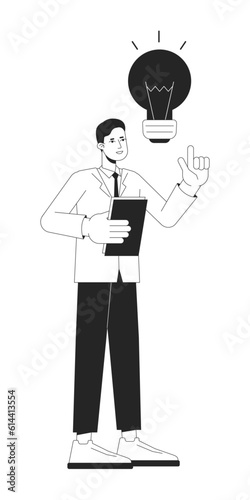 Asian office worker eureka idea bw concept vector spot illustration. Employee with light bulb 2D cartoon flat line monochromatic character for web UI design. Editable isolated outline hero image
