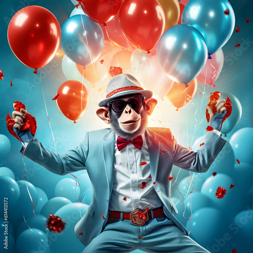 Party, fun monkey with red and blue balloons, neon lighting