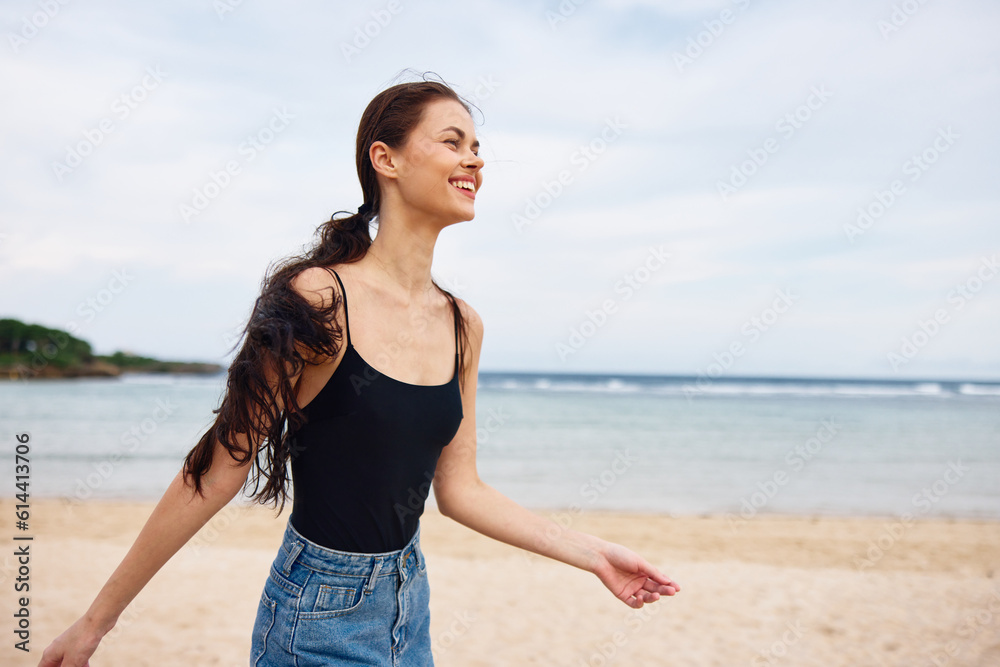 woman beach sea long young travel hair running sunset smile summer lifestyle woman beach sea long young travel hair running sunset smile summer lifestyle