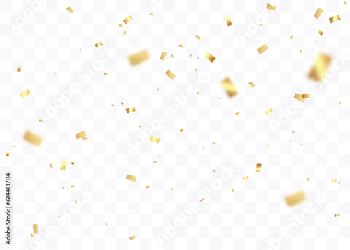 Confetti background. Gold paper pieces and serpentine. Vector party background