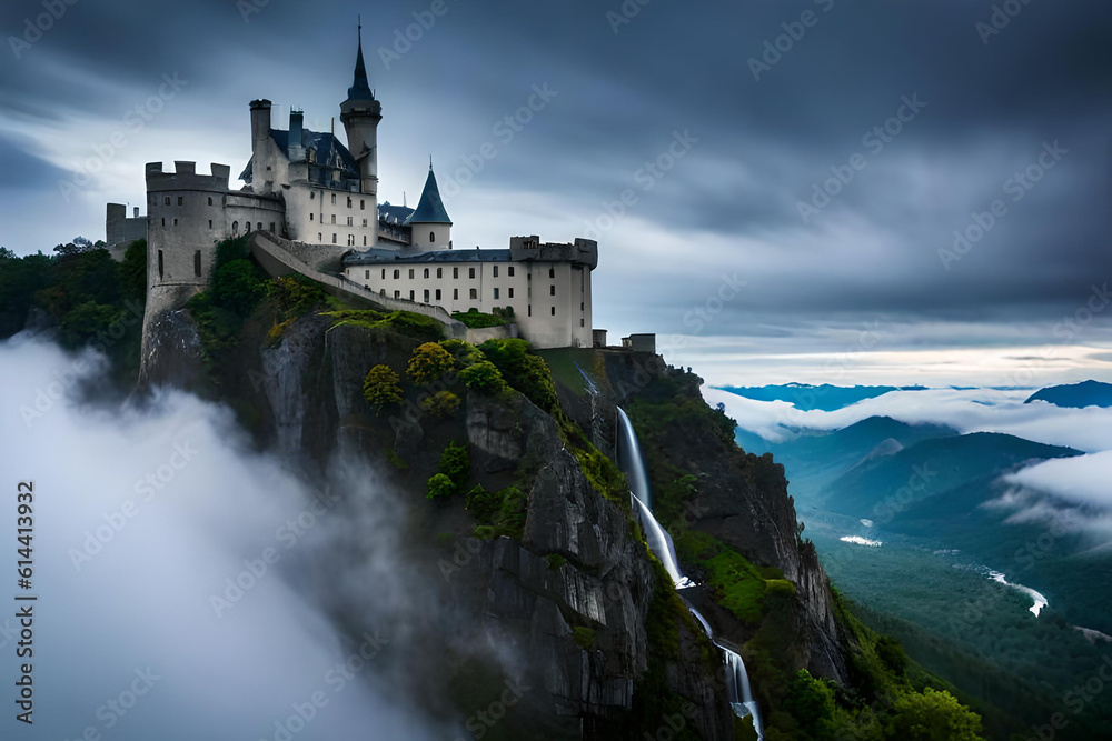 A legendary castle perched atop a rugged mountain peak, surrounded by swirling mist and thunderous waterfalls A legendary castle perched atop a rugged mountain peak, surrounded by swirling mist and thunderous waterfalls