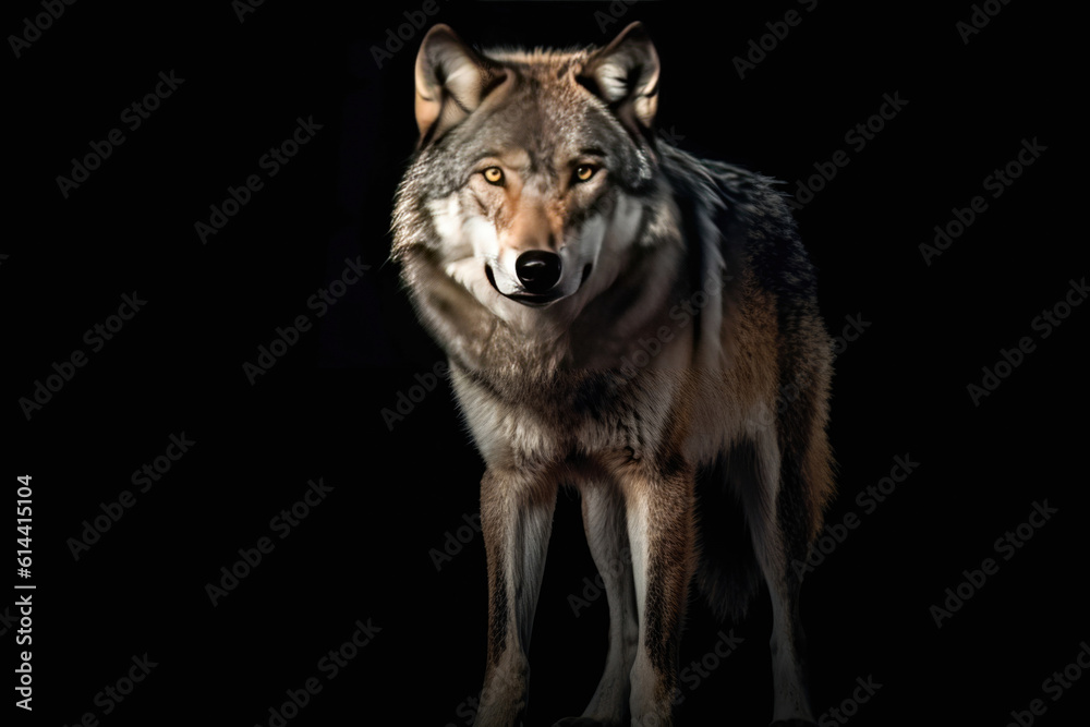Gray wolf with its piercing gaze and powerful presence. Magnificent creature showcases the harmony between strength and elegance.