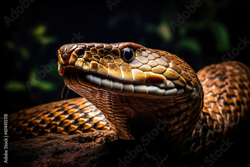 Cobra close-up, an iconic serpent with intricate details of its scales, the piercing gaze, and the coiled power. The beauty and awe-inspiring nature of one of the most intriguing snakes.