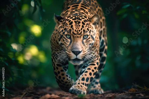 Jaguar with its gaze, power and grace of a magnificent predator. Sleek coat, muscular build, and piercing eyes. 