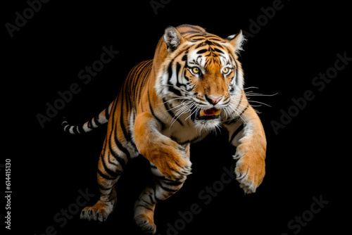 Tiger against a stark black background. The raw power and beauty of iconic big cat