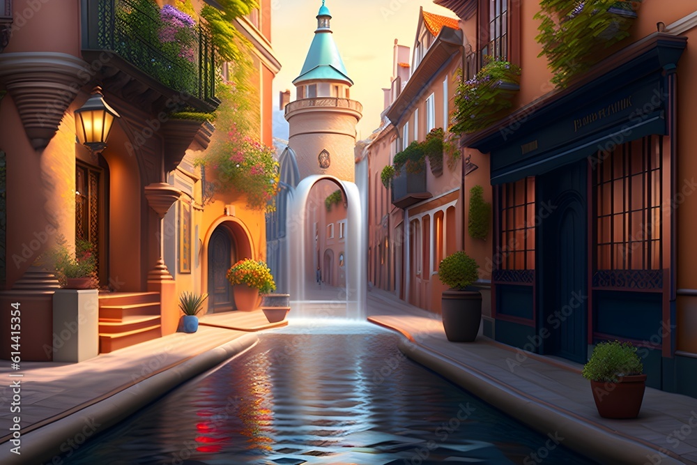 Fototapeta premium Fantasy old town street with a fountain