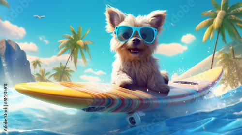 summer dog animal wave ocean surfer vacation puppy beach funny. Generative AI. © VICHIZH