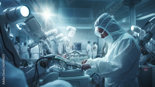 A surgeon configures and prepares robotic arms for a delicate operation.