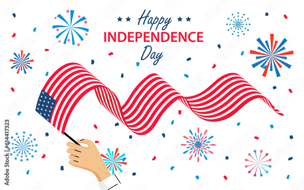 Obraz premium Human hand holding USA flag on the background of fireworks. Happy USA Independence day card or banner. Vector illustration.