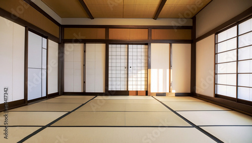 Traditional japanese room with tatami interior. Indoor empty room japan style, copy space,