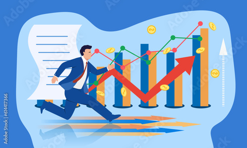 Business grows, a business man runs fast. Conceptual vector illustration of increasing efficiency and increasing revenue.