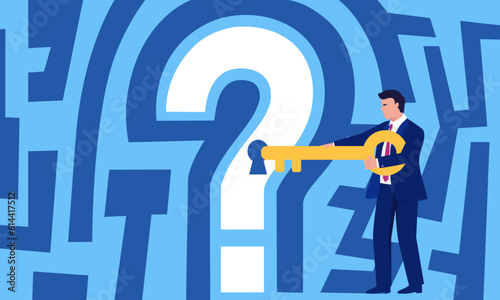 Strategy, business man hold key and open lock. Conceptual illustration of solving puzzles.