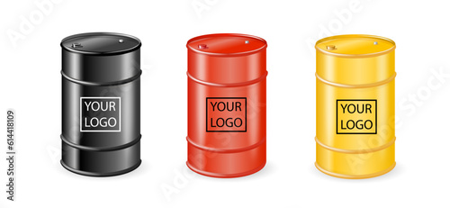 Black barrels for cruel oil or petroleum. Black Metal Oil, Fuel, Gasoline Barrel Set Isolated. Design Template of Packaging for Mockup. Vector