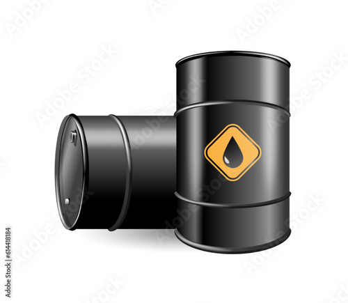 Black barrels for cruel oil or petroleum. Design Template of Packaging for Mockup. Vector