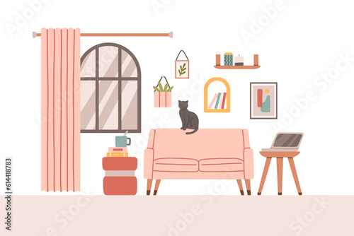 Living room modern interior set. Vector flat style collection of furniture for house isolated on white background.