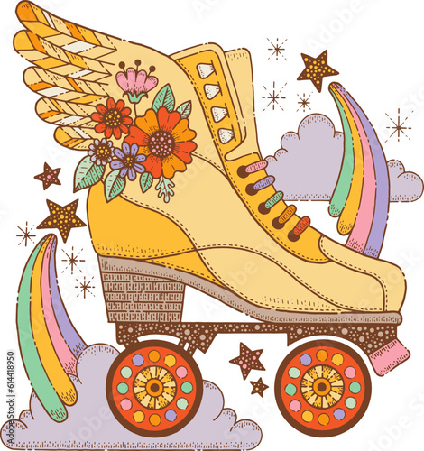 Retro groovy roller skate drawing in 70s style. Cute vintage print with rollerskate with wings, flowers, stars and rainbow. Funky sport shoes with wheels, vector doodle illustration. Roller skate art