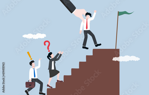 Unfair treatment at work, double standards, cheating on job positions by using connection, favoritism or discrimination concept, Manager hand helping employee overtake colleagues to top of stair.