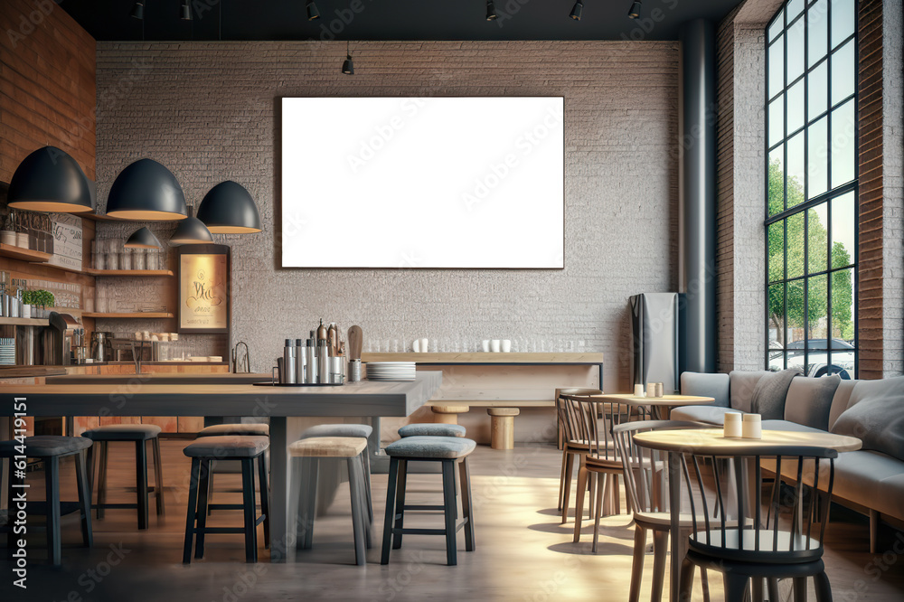 Captured Moments: Photo Frame Adorned Wall in a Vibrant Coffee Shop and Modern Cafe. created with Generative AI Captured Moments: Photo Frame Adorned Wall in a Vibrant Coffee Shop and Modern Cafe. created with Generative AI