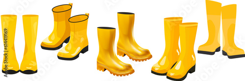 set of yellow boots, vector illustrations, shoes, yellow rubber shoes in different styles, different shapes and angles