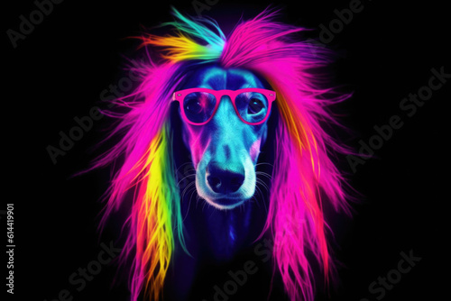 Neon light Saluki dog as a punk with bright hair. AI generative.