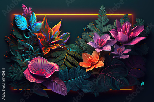 Exotic Botanical Oasis Tropical Leaves and Large Exotic Flowers Frame. created with Generative AI