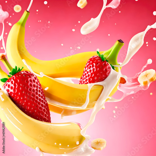 Banana and strawberry in splash of fruit milk.