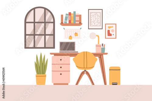 Mid century scandinavian study design interior. Cozy furnished wokspace. Flat vector cartoon illustration 