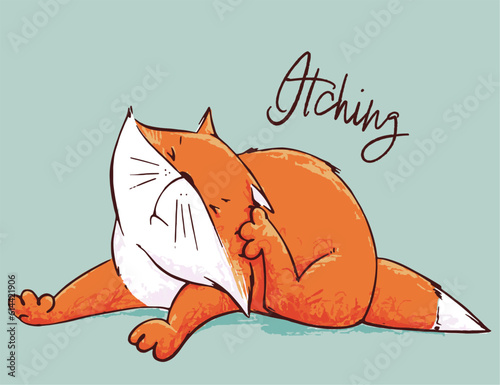 Sick cat symptom - vector illustration. Animal condition. Pet. Scabies, itching. Scratching, pruritus, irritation, skin itching, itchy skin, mange.