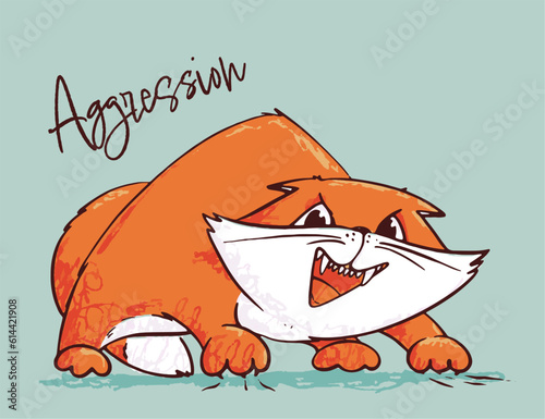 Sick cat symptom - vector illustration. Animal condition. Pet. Rabies, aggression.  Furious, rage, hostility, violent behavior, aggressive tendencies, ferocity, fierceness.
