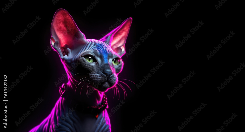 Portrait of Sphynx cat with neon lighting, on black backgroundm with copy space. AI generative