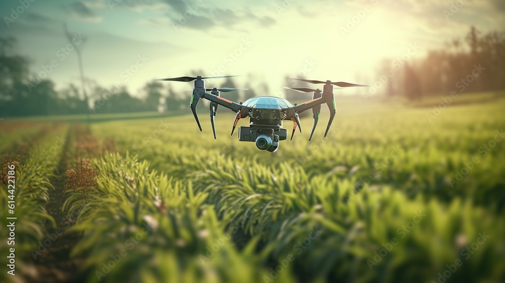 Flying drone above the wheat field, Generative AI