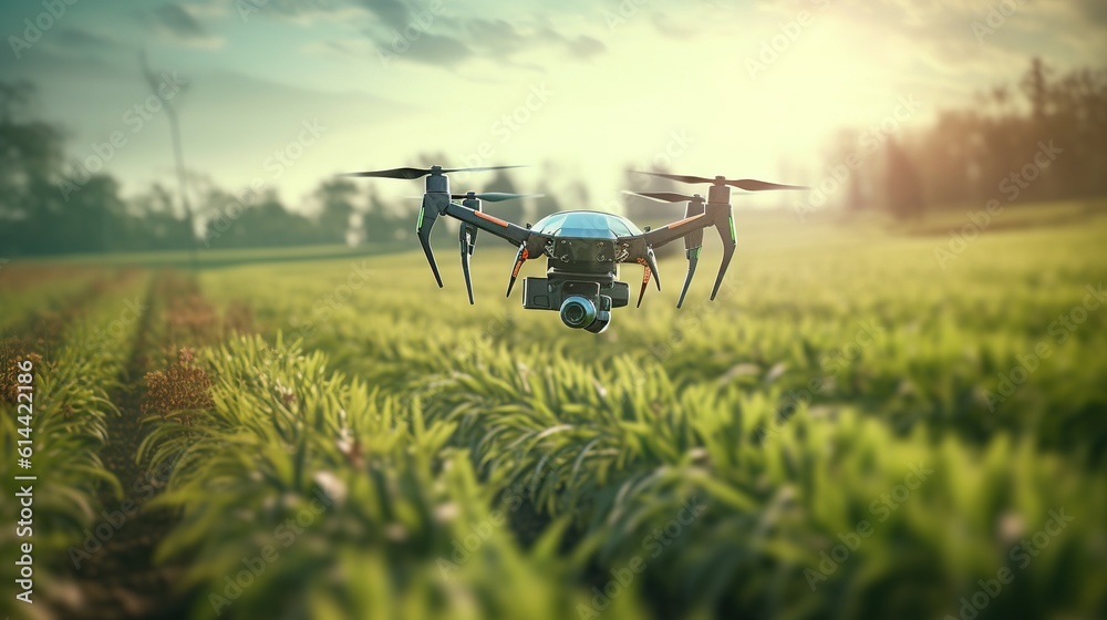 Flying drone above the wheat field, Generative AI Flying drone above the wheat field, Generative AI