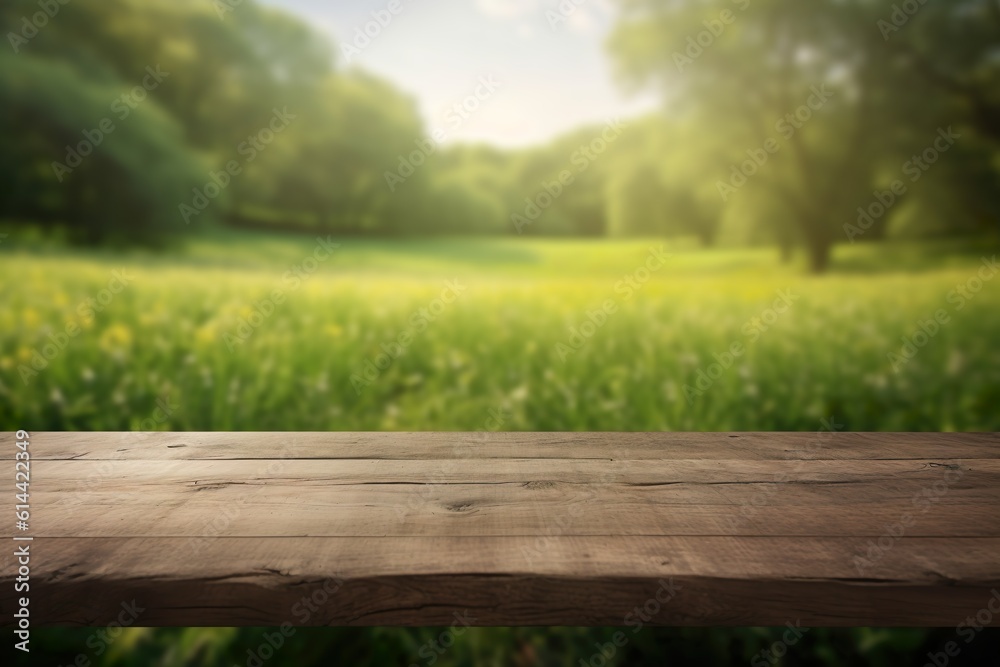 Empty Wooden Table in front of a green meadow