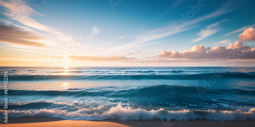 Beautiful seascape at sunset. Panoramic view of the sea and sandy beach. Beautyful background. Generative AI technology. © vachom