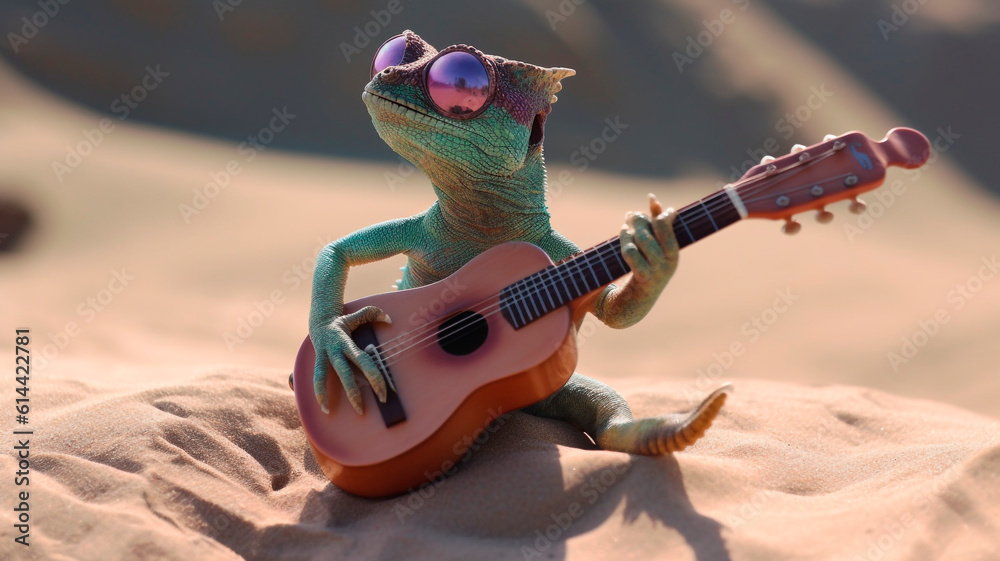 Fototapeta Charming photo of a chameleon wearing sunglasses, playing his guitar, basking in the warmth of a sunny day 
